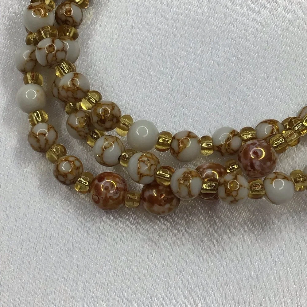 Handmade White and Gold Beaded Necklace, Earring, & Bracelet Set